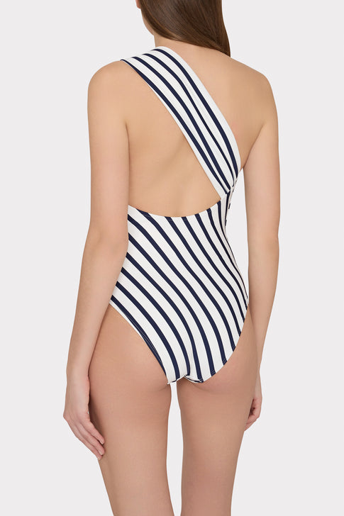 Nautical Stripe One Shoulder One Piece Navy/White Image 3 of 4