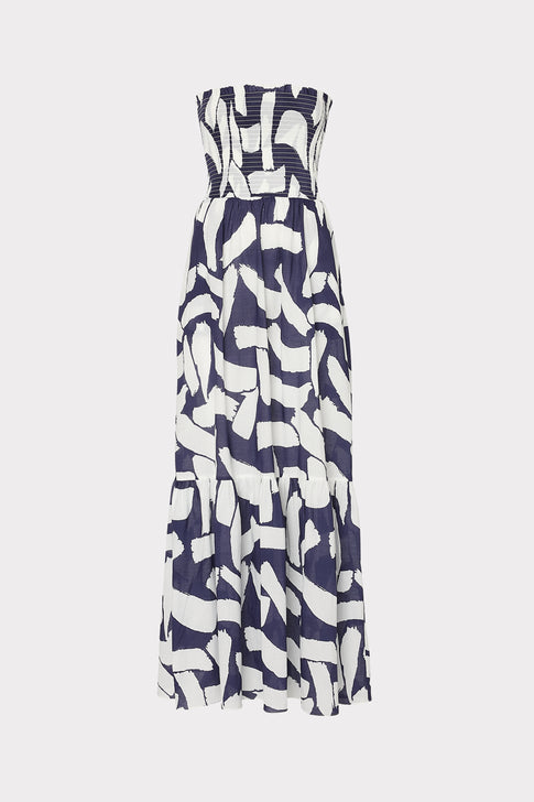 Olen Graphic Brushstroke Strapless Maxi Dress Navy/Ecru Image 1 of 4