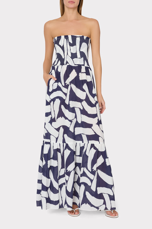 Olen Graphic Brushstroke Strapless Maxi Dress Navy/Ecru Image 2 of 4