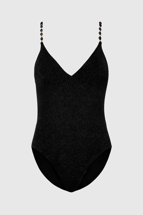 Cannes Beaded Strap One Piece Black/Gold Image 1 of 4