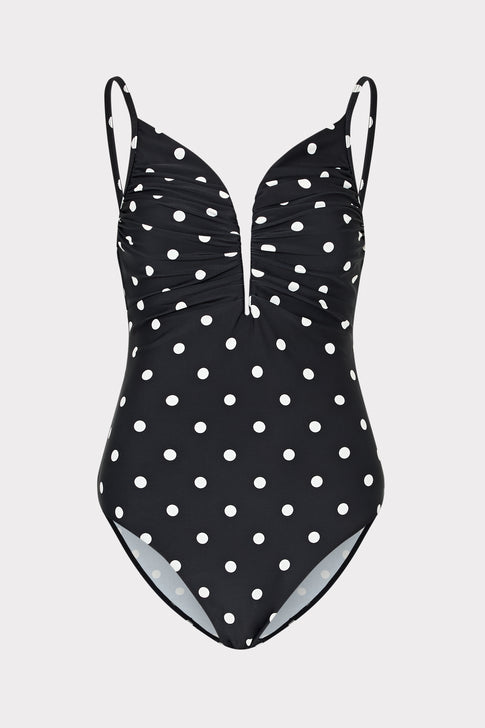 Black Polka Dot V-Wire One Piece Swimsuit - Front View | MILLY