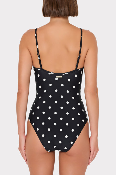 Black Polka Dot Designer One Piece - Back View On Model | MILLY