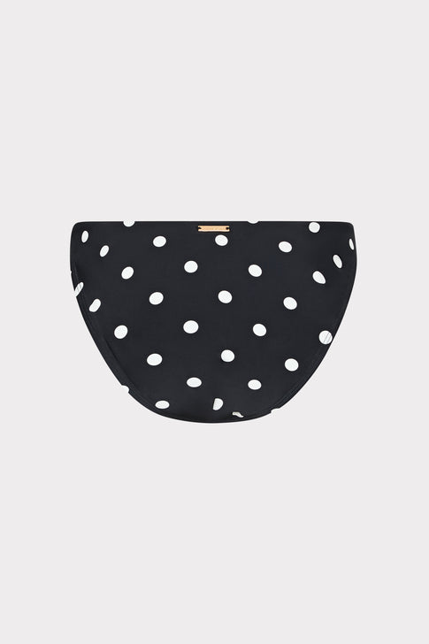 Black Polka Dot Designer Bikini Bottom with Gold Hardware - Flat Lay | MILLY