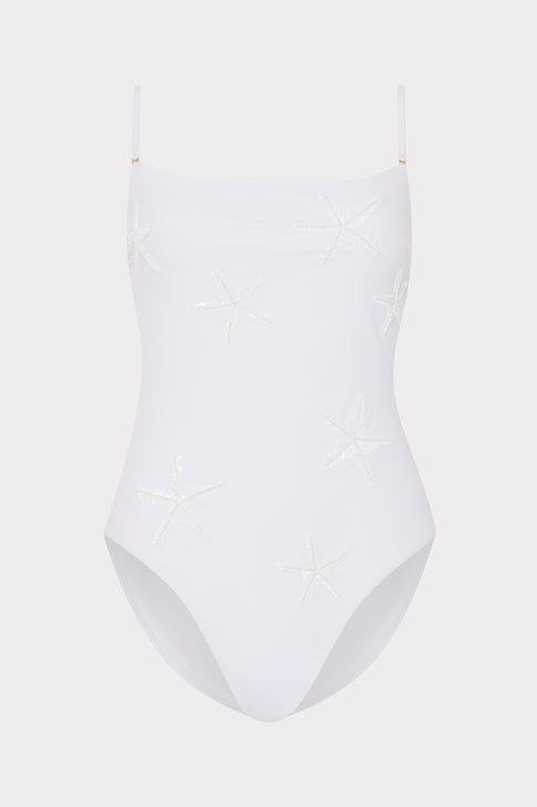 White Starfish Sequin One Piece with removable straps - Front View | MILLY