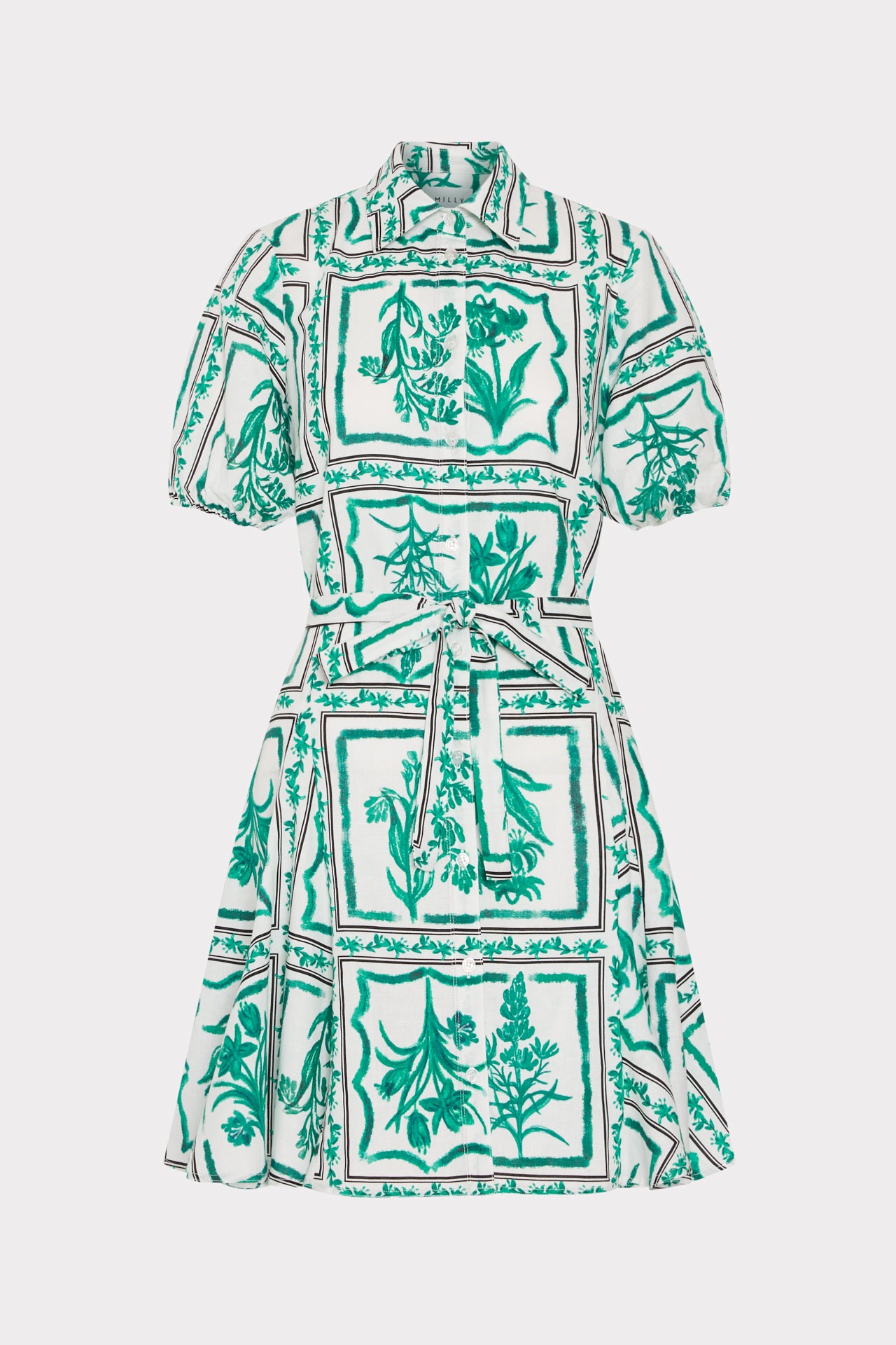 Milly Women's Juni Floral Tile Linen Minidress - Green White - Size 12 Milly Women's Juni Floral Tile Linen Minidress - Green White - Size 12