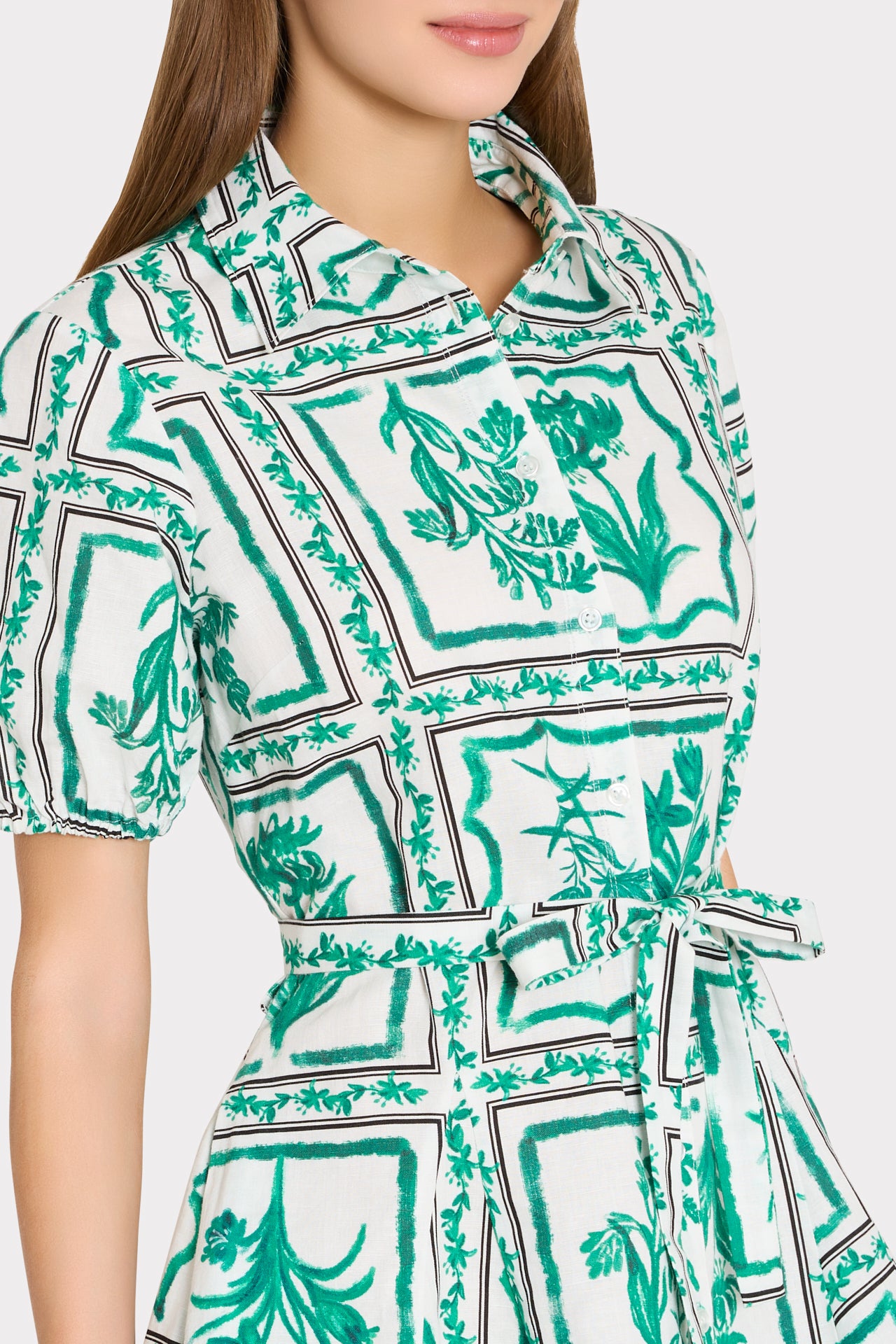 Milly Women's Juni Floral Tile Linen Minidress - Green White - Size 12 Milly Women's Juni Floral Tile Linen Minidress - Green White - Size 12