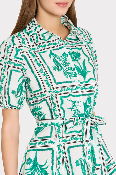 Juni Green White Floral Print Poplin Dress - Collar Detail | MILLY