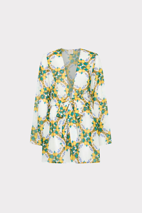 White Multi Lemon Tile Print Kimono Coverup - Flat Lay | MILLY