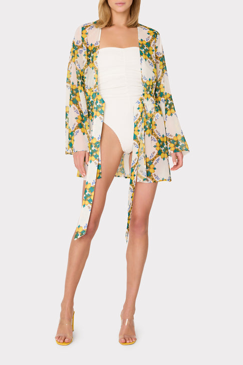 White Multi Lemon Print Coverup with Tie Waist - Front View Resort Wear | MILLY