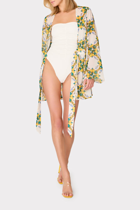 Model in Lemon Tile Print Coverup over White Swimsuit - Full Body | MILLY