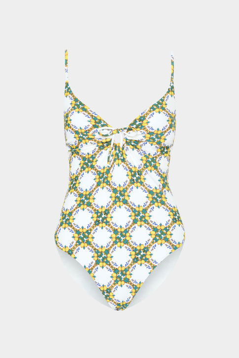 White Multi Lemon Tile Ring One-Piece Swimsuit - Front Flat Lay | MILLY