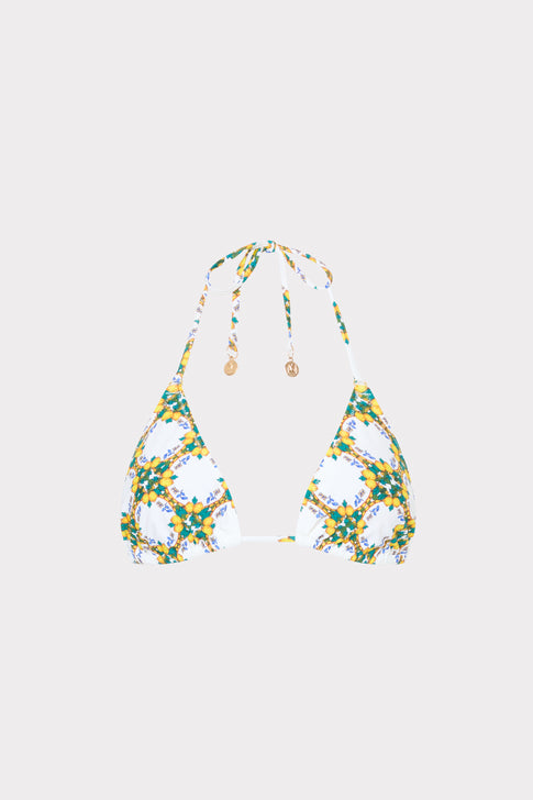 White Multi Lemon Tile Triangle Halter Bikini Top - Flat Lay, Designer Luxury Swimwear | MILLY