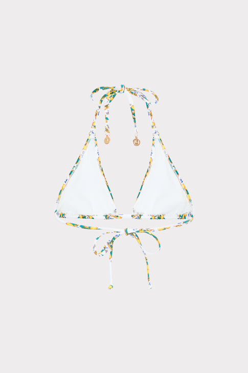 White Multi Lemon Tile Triangle Bikini Top with Side Ties - Flat Lay, Luxury Swimwear | MILLY