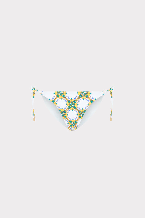 White Multi Lemon Tile Tie-Side Bikini Bottom - Flat Lay, Designer Geometric Print | MILLY