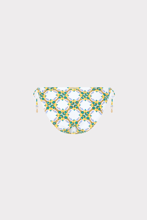 White Multi Lemon Tile Tie-Side Bikini Bottom - Front Flat Lay, Unique Geometric Print | MILLY