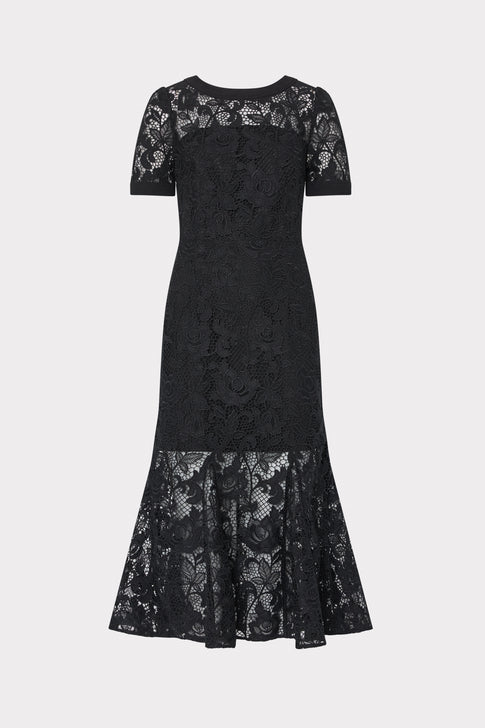 Black Floral Lace Midi Dress - Front Flat View, Elegant Trumpet Hem | MILLY