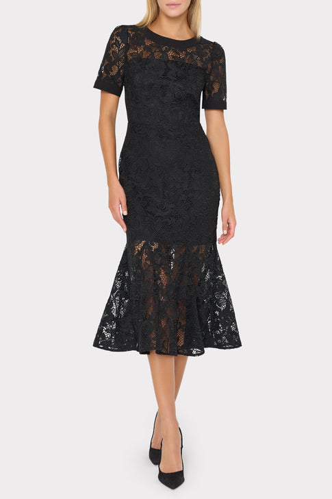 Black Lace Midi Dress - On Model Front View, Designer Special Occasion | MILLY