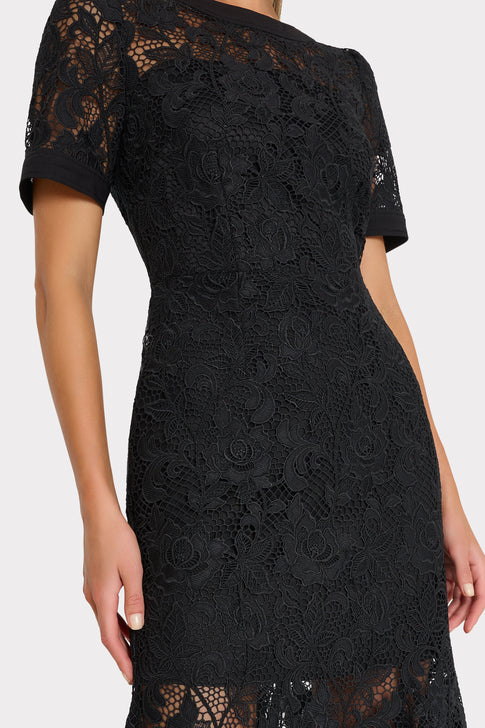 Black Floral Lace Midi Dress - On Model Back Detail, Sheer Bodice Close-Up | MILLY