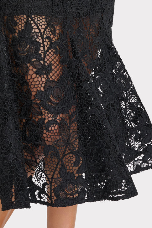 Black Lace Midi Dress - Fluted Hem Close-Up, Sheer Floral Lace Detail | MILLY