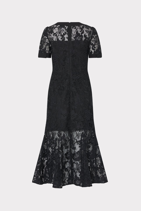 Black Floral Lace Midi Dress - Back Flat View, Zip Closure Trumpet Skirt | MILLY