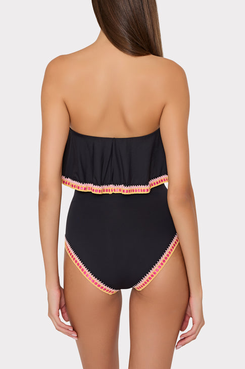 Black Strapless Crochet Ruffle One Piece with Pink Trim - Back View | MILLY