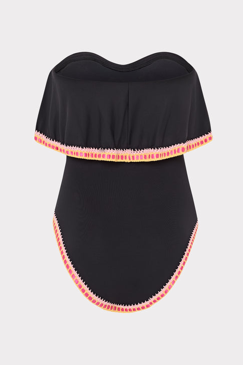 Black Designer Ruffle One Piece with Crochet Trim - Close Up Detail | MILLY