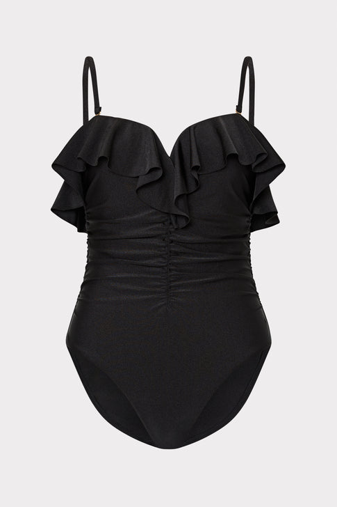 Black Glossy Strapless Ruffle One Piece Swimsuit - Front Detail | MILLY