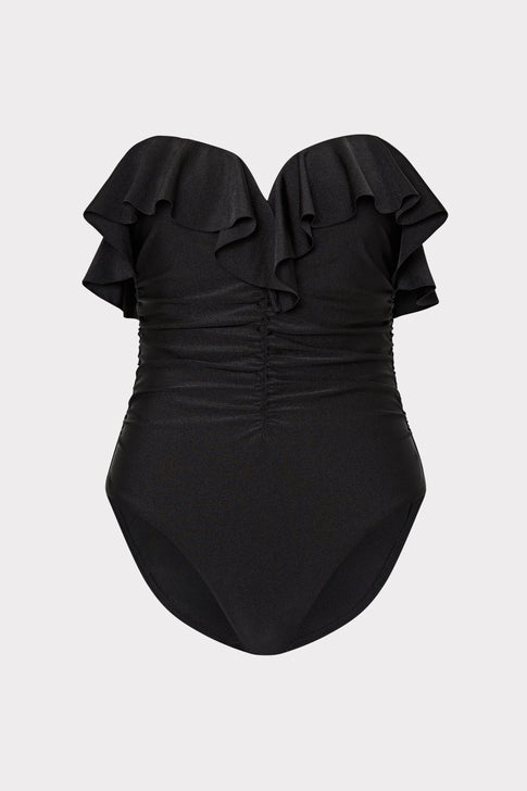 Black Designer One Piece with Cascading Ruffles - Strapless View | MILLY