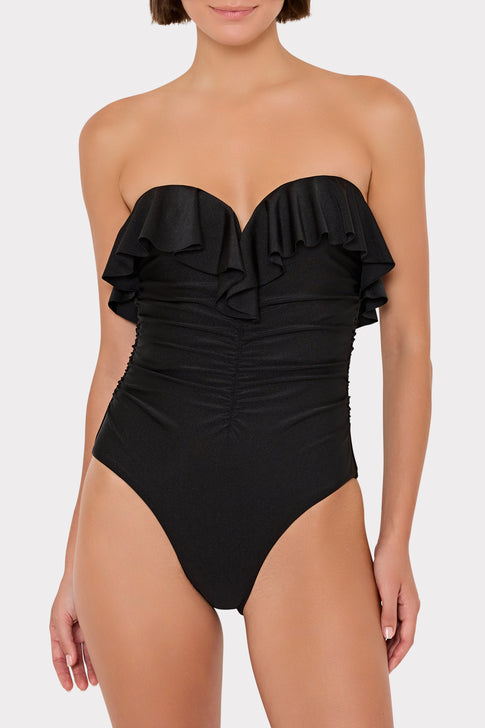 Black Strapless Swimsuit with Ruffle Details - On Model Front View | MILLY