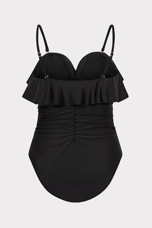 Black Ruched One Piece with Adjustable Straps - Front Flat Lay | MILLY