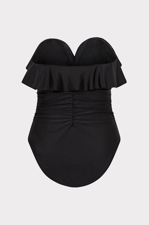 Black Unique Ruffle Swimsuit with Ruched Waist - Strapless Flat Lay | MILLY