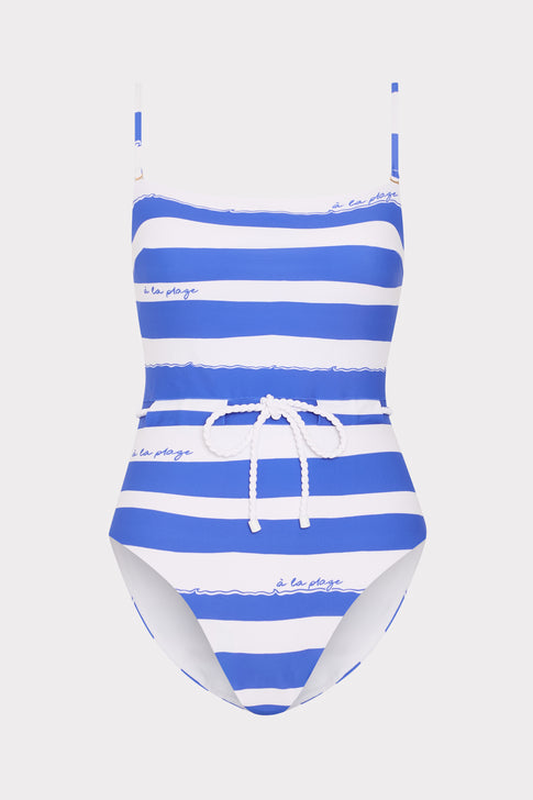 Blue and white striped A La Plage belted one piece with 'à la plage' script - Front View | MILLY