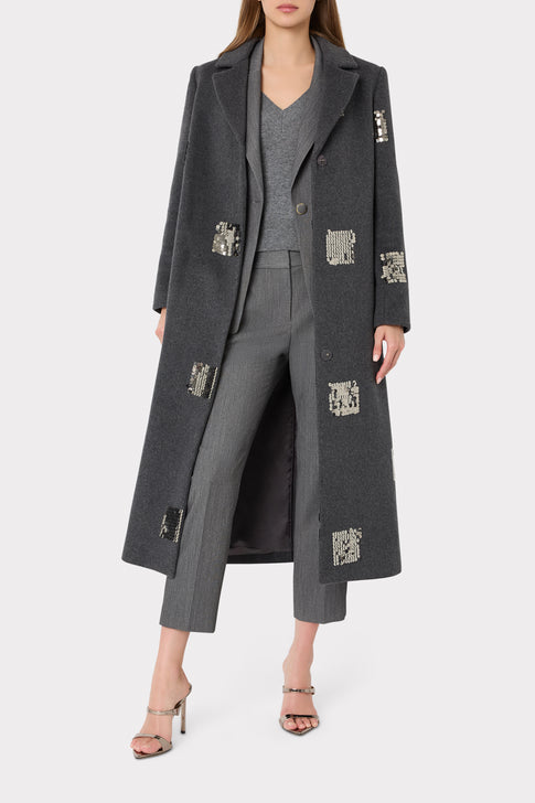 Grey Wanda Sequin Coat On Model, Elegant Designer Outerwear Full Length | MILLY