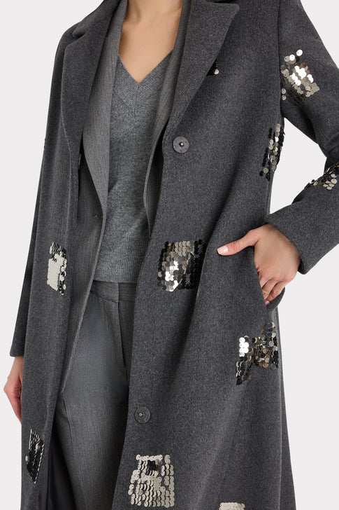 Grey Wanda Sequin Coat Close-Up Detail, Luxury Sequin Patch Embellishment | MILLY