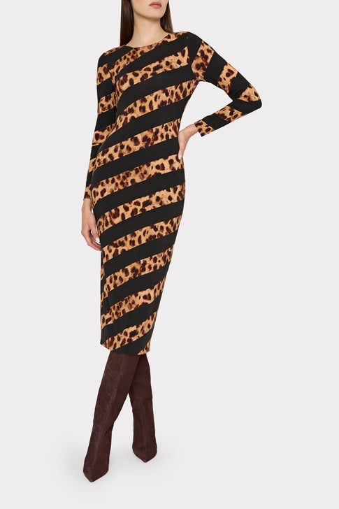 Leopard Stripe Jersey Midi Dress Black/Brown Multi Image 2 of 4