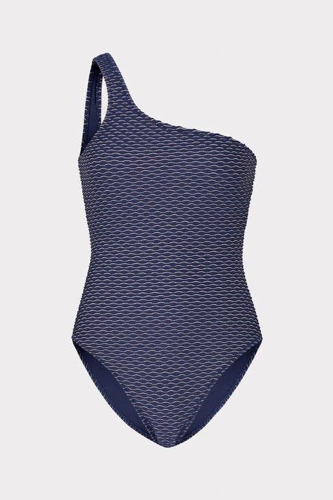 Joni Textured Waves One Shoulder One Piece Navy Image 1 of 4
