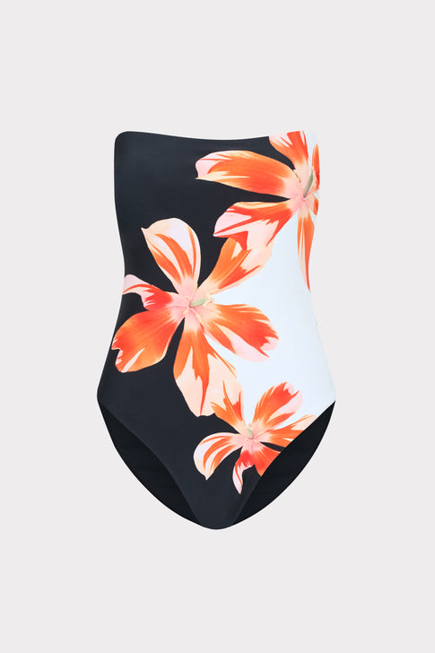 MILLY Tropical Flame Strapless One-Piece Swimsuit with Orange Floral Print - Flat Lay View | MILLY