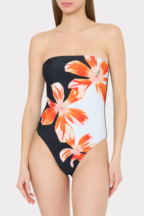 MILLY Tropical Flame Strapless One-Piece Designer Swimsuit on Model - Front View | MILLY