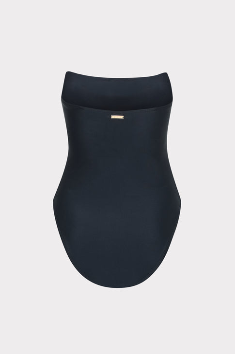 MILLY Tropical Flame Bandeau One-Piece in Black with Gold Hardware - Flat Lay | MILLY