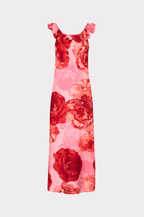 Pink Floral MILLY Scarlett Ruffle Neck Midi Dress - Front View | MILLY