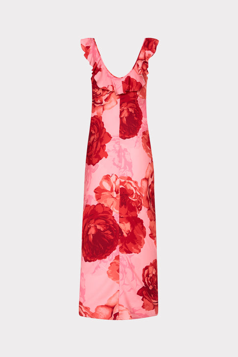 Pink Floral MILLY Scarlett Ruffle Neck Midi Dress - Back View | MILLY