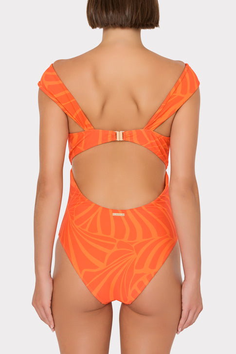 Orange Abstract Print One Piece with Circular Back Cutout Detail | MILLY