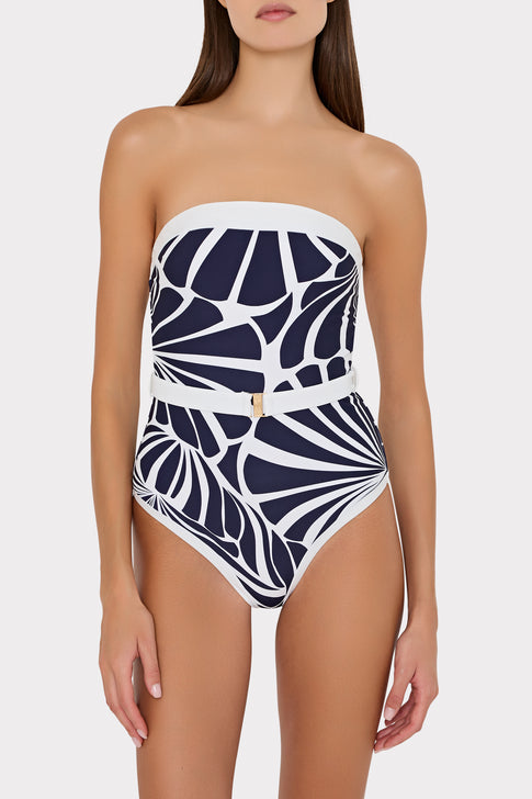 Navy and White Kai Print One Piece Strapless Designer Swimsuit - Front View | MILLY