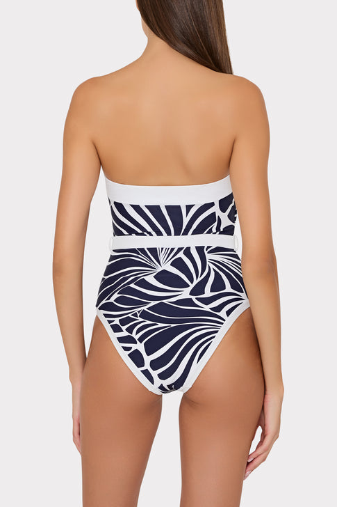 Navy and White Abstract Print Strapless One Piece - Back View | MILLY