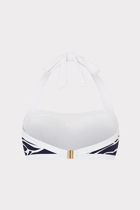 White Bandeau Halter Top with Navy Abstract Print Trim - Front Flat Lay | MILLY