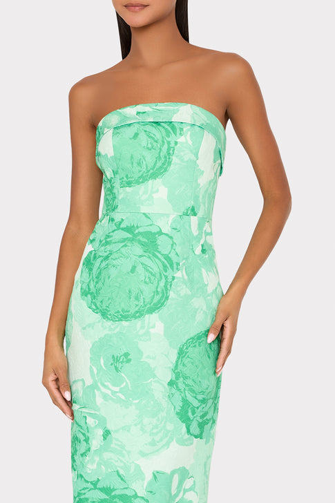Green Jacquard Wedding Guest Dress - Front Close-up | MILLY