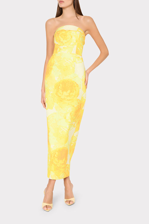 Elegant Yellow Jacquard Strapless Maxi Dress - Side View | MILLY