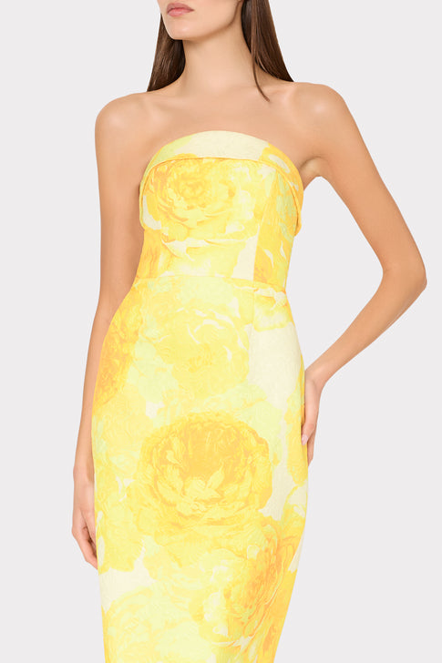 Yellow Multi Floral Jacquard Column Maxi Dress - Front View | MILLY