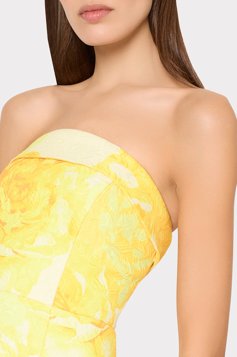 Yellow Floral Jacquard Strapless Maxi Dress - Bodice Detail | MILLY