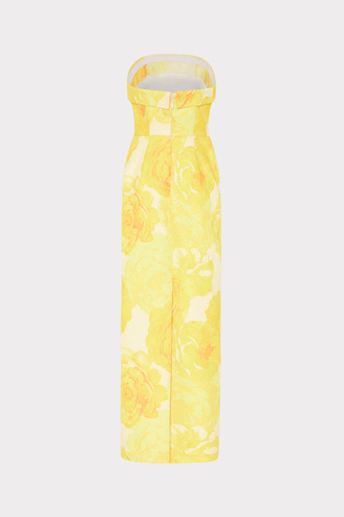 Yellow Multi Floral Jacquard Maxi Dress - Back View with Slit | MILLY